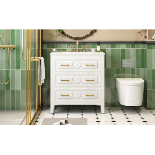 30'' Bathroom Vanity with Ceramic Sink Combo, Free Standing Single Vanity Set with 3 Drawers, Solid Wood Frame Bathroom Storage Cabinet, White