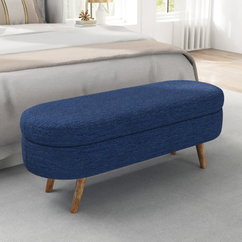 Blue Oval Linen Storage Ottoman Bench with Rubber Wood Legs, Upholstered Footrest 43.5 inch x16 inch x16 inch, 250 LBS Capacity