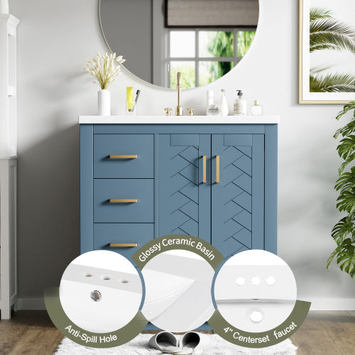 30'' Bathroom Vanity with Ceramic Sink Combo,Solid Wood Frame Bathroom Storage Cabinet, Freestanding Vanity Set with 3 Drawers& Soft Closing Doors