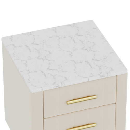 Upholstered Wooden Nightstand with 3 Drawers and Metal Legs&Handles, Bedside Table with Marbling Stickers Worktop - Beige