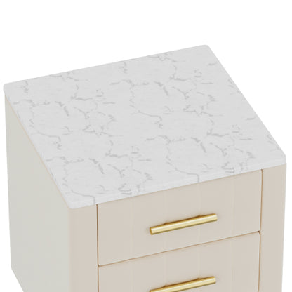 Upholstered Wooden Nightstand with 3 Drawers and Metal Legs&Handles, Bedside Table with Marbling Stickers Worktop - Beige