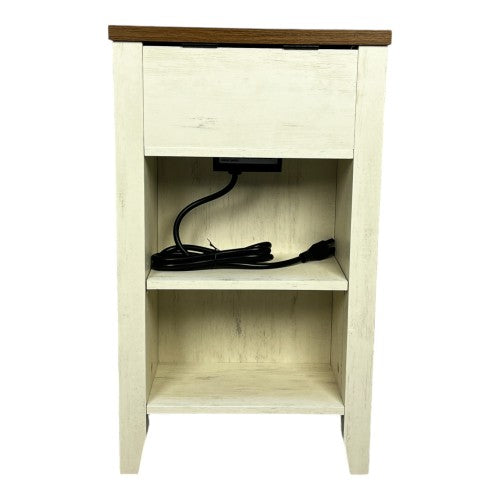 Brown White Farmhouse Nightstand with Charging Station
