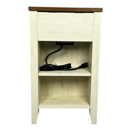 Brown White Farmhouse Nightstand with Charging Station
