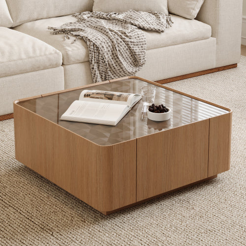 Square Glass Coffee Table Walnut Frame Storage Drawers Modern Living Room Table