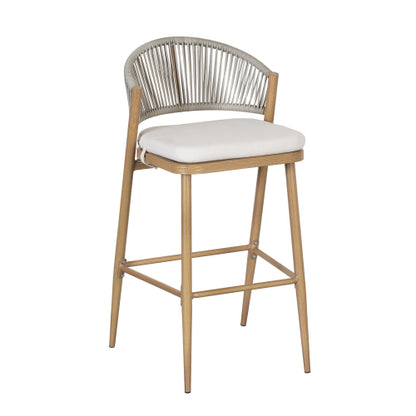 Outdoor 30.25" Seat Height Aluminum Frame Barstools with PE Rattan Scallop-shaped Backrest, Set of 2, Maple Finish