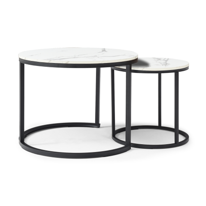 2-Piece Nesting Round Coffee Table, White & Gray Top