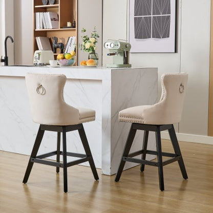 Swivel Velvet Barstools with Button Tufted Decoration and Wooden Legs, and Chrome Nailhead Trim, Leisure Style Bar Chairs,Bar stools, Set of 2 (Beige)