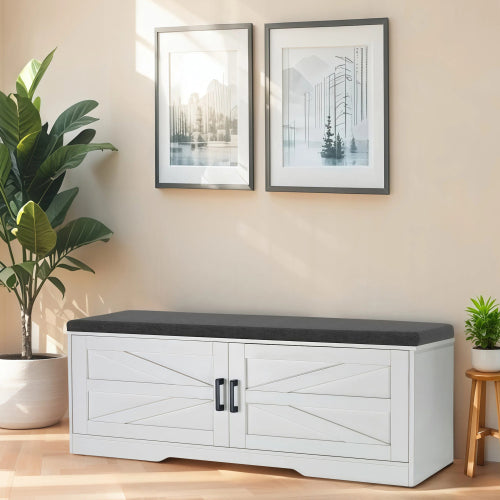 2-Tier Storage Bench, Farmhouse Shoe Bench with Padded Seat Cushion, Entryway Bench with 2 Barn Doors & 2 Adjustable Shelves, 13.75inch  D x 39.4inch  W x 17.72inch  H, for Entryway, Bedroom, Living Room, White