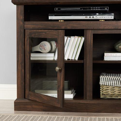 60 Inch Brown Farmhouse Glass Door TV Stand MDF Media Console with 5 Cable Holes Fits TVs Up To 65 Inch