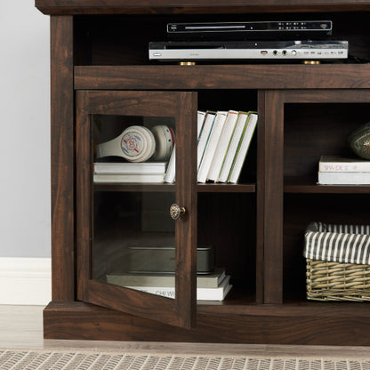 60 Inch Brown Farmhouse Glass Door TV Stand MDF Media Console with 5 Cable Holes Fits TVs Up To 65 Inch