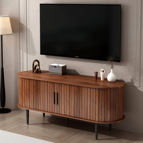 Walnut Modern Sliding Door TV Stand 47 Inch Living Room Entertainment Console Table