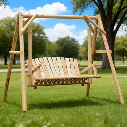 Wooden Swing 2-Seat Wooden Swing Bench, Ergonomic Design, 'A' Frame Construction, Stable and Non-Slip, Solid Wood Frame Log Garden Swing