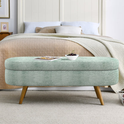 Ottoman Oval Storage Bench,Rubber Wood Legs, Gray (43.5inch x16inch x16inch ) Cyan
