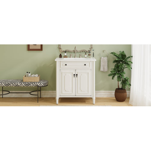31" Vintage Bathroom Vanity with Sink, Faux Aged Finish, Rustic Bathroom Cabinet with Soft Close Doors and Adjustable Shelf, Curved Profile Design, Rubber Wood Legs, White