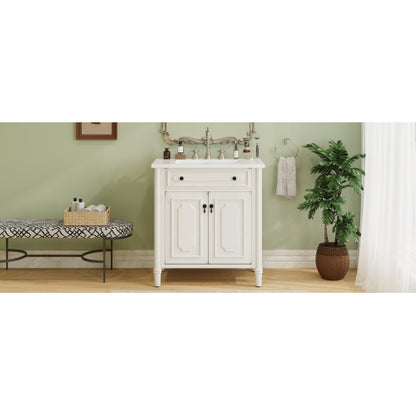31" Vintage Bathroom Vanity with Sink, Faux Aged Finish, Rustic Bathroom Cabinet with Soft Close Doors and Adjustable Shelf, Curved Profile Design, Rubber Wood Legs, White