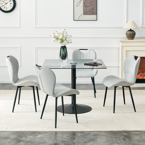 5-Piece Square Glass Dining Set, Single-Column Table & 4 Light Gray PU Handle Chairs
