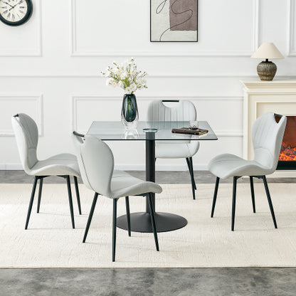 5-Piece Square Glass Dining Set, Single-Column Table & 4 Light Gray PU Handle Chairs