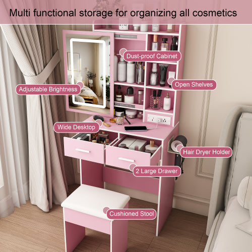 Pink Small LED Vanity Desk, Built in USB?AC Outlet, Hair Dryer Stand, Hidden Storage & Padded Stool