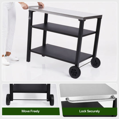 3-Tier Outdoor Grill Cart with Stainless Steel Top, Movable BBQ Prep Table with Wheels, Rolling Serving Bar Cart for Patio, Backyard, Pizza Oven Stand, Black