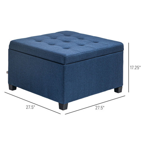 Blue Button Tufted Storage Ottoman with Flip Top, Eucalyptus Wood Frame Square Foot Stool with Safety Metal Hinge