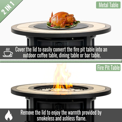 30" Propane Gas Fire Pit Table, 50000 BTU Round Steel Fire Pit with Mosaic Ceramic Tabletop for Outside Patio Deck Garden Backyard- Black