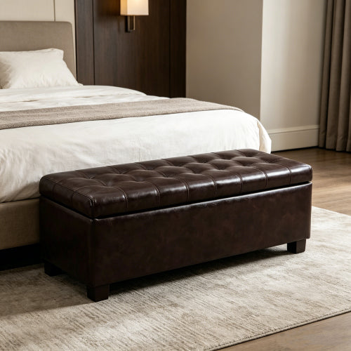 49.75 inch Brown Synthetic Leather Tufted Storage Ottoman Bench, 300 LBS Wooden Leg Entryway Footrest with Safety Hinge