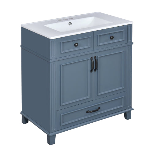 30'' Bathroom Vanity with Ceramic Sink,Solid Wood Frame Bathroom Storage Cabinet with Soft Closing Doors,Retro Style, Blue