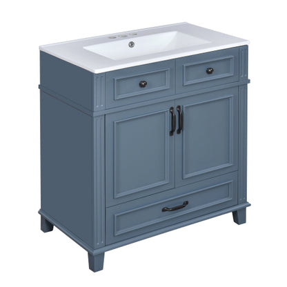 30'' Bathroom Vanity with Ceramic Sink,Solid Wood Frame Bathroom Storage Cabinet with Soft Closing Doors,Retro Style, Blue