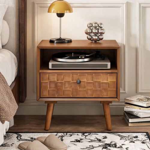 Mid-Century Modern Wood Nightstand with Carved Drawer