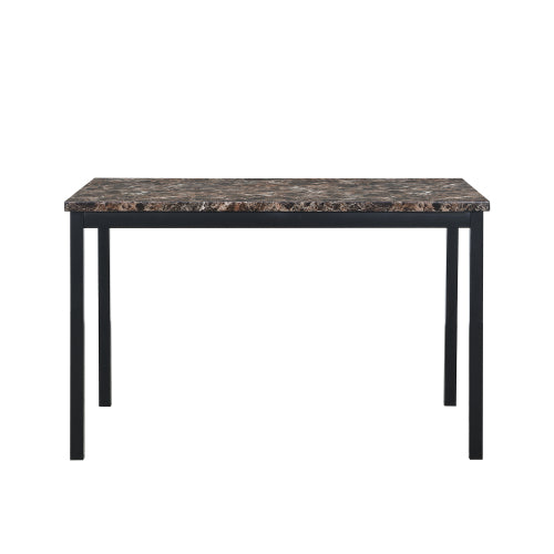 5-Piece Black Metal Dining Set, Faux Marble Top Table & 4 Dark Brown Faux Leather Chairs