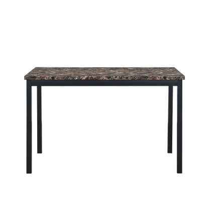 5-Piece Black Metal Dining Set, Faux Marble Top Table & 4 Dark Brown Faux Leather Chairs