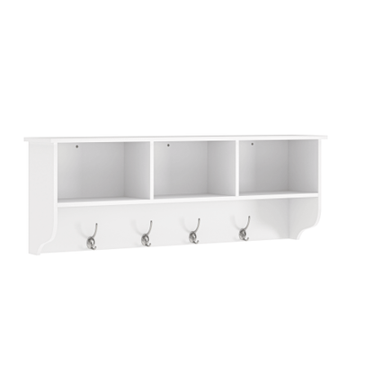White Entryway Wall Mounted Coat Rack with 4 Dual Hooks Living Room Wooden Storage Shelf