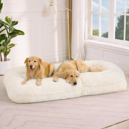 Beige 5-Position Adjustable Human-Size Floor Sofa Bed, Plush Faux Fur