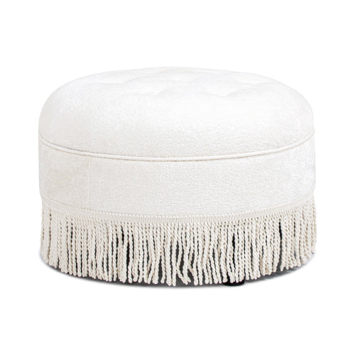 24 inch Round Upholstered Accent Ottoman, Almond White Chenille Round Foot Stool with Bullion Fringe