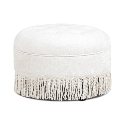 24 inch Round Upholstered Accent Ottoman, Almond White Chenille Round Foot Stool with Bullion Fringe