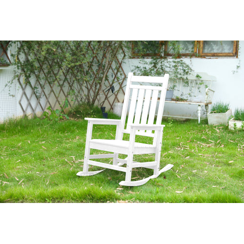 Oversized Rocking Chair with Wood-Texture, Outdoor Rocking Chair for Adults, All Weather Resistant Porch Rocker for Lawn Garden, White