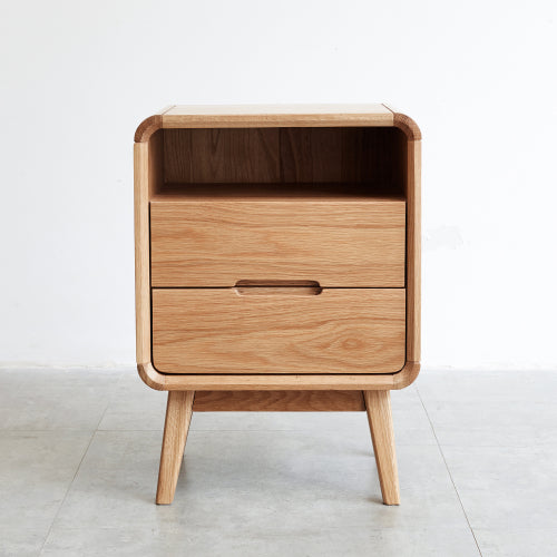 Solid Oak Nightstand, Nordic Style Open Compartment Bedside Table with Cable Hole & Rounded Edge