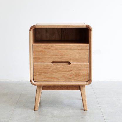 Solid Oak Nightstand, Nordic Style Open Compartment Bedside Table with Cable Hole & Rounded Edge