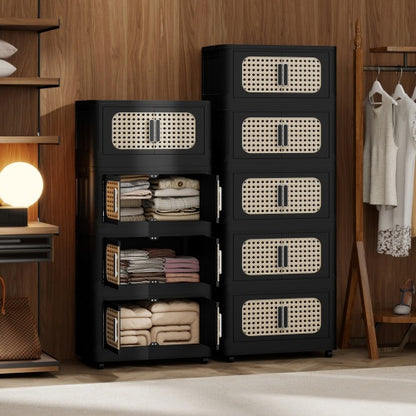Retro Black 4 Tier Folding Storage Cabinet with Wheels Collapsible Magnetic Door 20 Inch