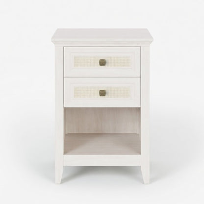 17.7" White Rattan Nightstand - Boho Bedside Table w/ 2 Drawers & Shelf