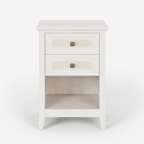 17.7" White Rattan Nightstand - Boho Bedside Table w/ 2 Drawers & Shelf