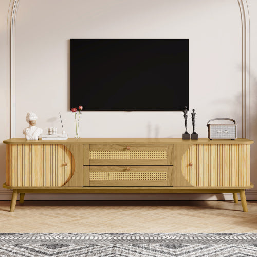 66.93 Inch Brown Farmhouse Rattan Sliding Door TV Stand Solid Wood Legs Fits 75 Inch TV