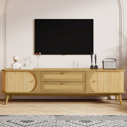66.93 Inch Brown Farmhouse Rattan Sliding Door TV Stand Solid Wood Legs Fits 75 Inch TV