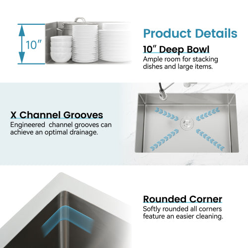 Stainless Steel Kitchen Sink, 33″x19″ Drop In Single Bowl, Undermount Handmade Sink in Brushed Nickel, with US Standard Drain and Hook