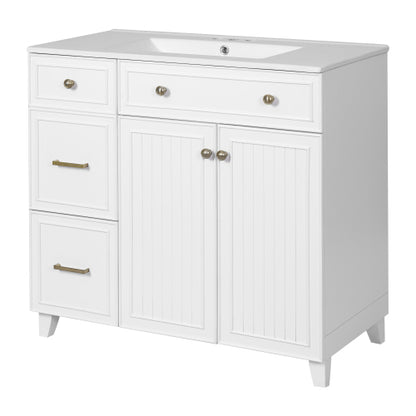 36" Bathroom Vanity with Ceramic Sink, Standard and Double-Layer Drawers, Soft Close Doors, Adjustable Shelves, Modern Storage Cabinet for Small and Medium Bathrooms