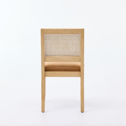 Set of 2 Tan Mid-Century Farmhouse Cane Rattan Dining Chairs, S-Spring Dual Rebound Cushion Solid Hardwood Side Chairs