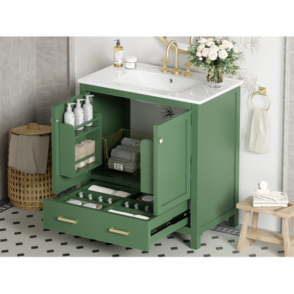 30 Inch Green Bathroom Vanity with Single Sink, Combination Under Counter Sink, Bathroom Storage Cabinet with 2 Doors and a Drawer, Soft Closure, Multifunctional Storage(WF324043)