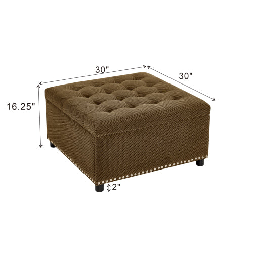Dark Brown Tufted Square Storage Ottoman with Nailhead Trim, Upholstered Accent Foot Stool