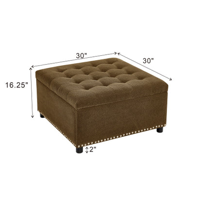 Dark Brown Tufted Square Storage Ottoman with Nailhead Trim, Upholstered Accent Foot Stool
