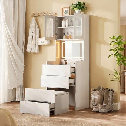 3-in-1 Vanity Table with LED Mirror & Storage Stool, Flip Top Makeup Desk, 5 Storage Spaces, Adjustable Lights, White